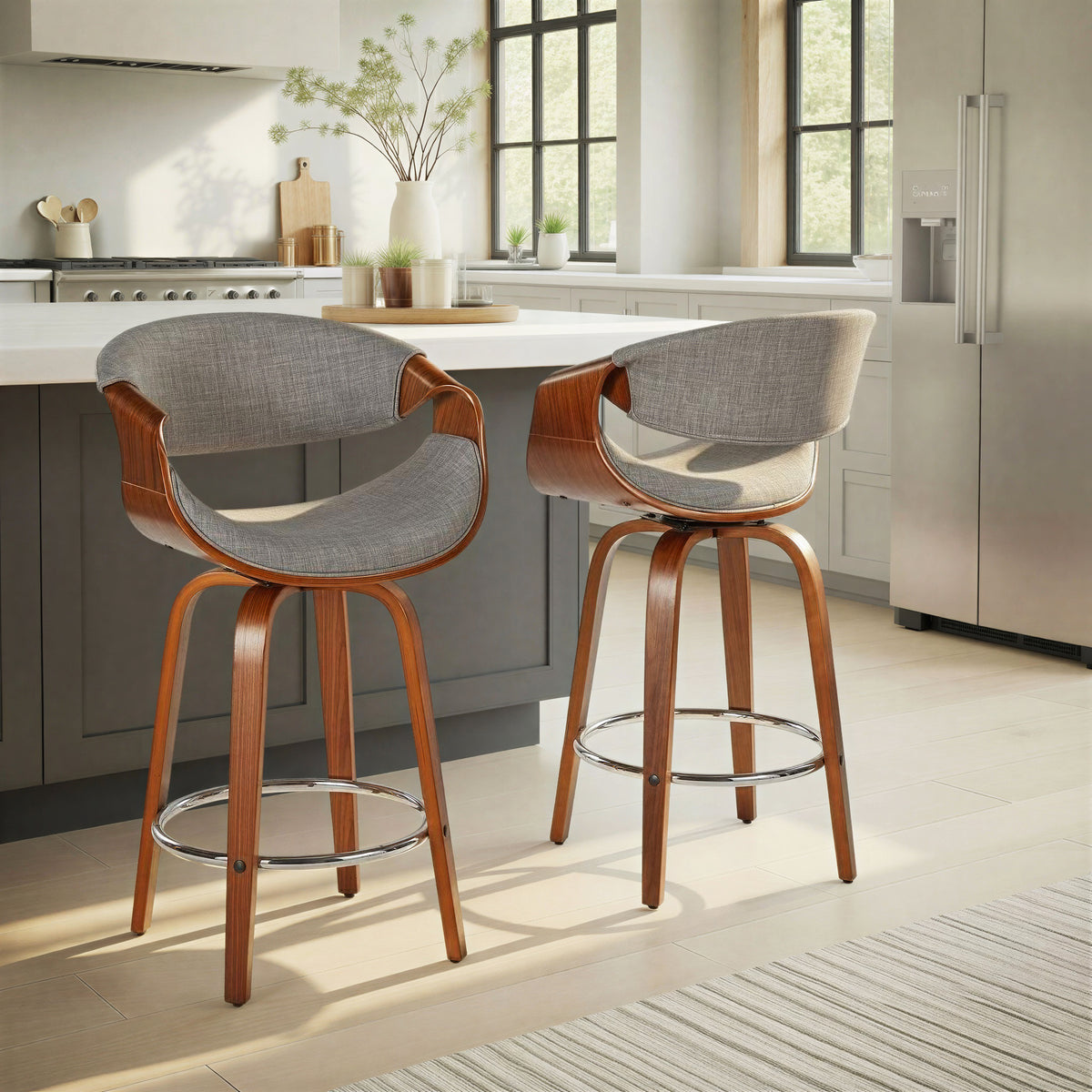Curvini 26' Mid-Century Modern Fixed-Height Counter Stool with Swivel in Walnut Wood and Light Grey Fabric with Round Chrome Metal Footrest by LumiSource - Set of 2