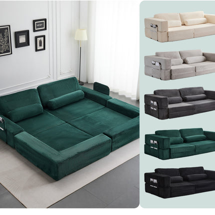 Foldable Castle Sofa Modular PlayCouch for Living Room & Bedroom Instant Expansion Comfortable & Creative Design Furniture Seater with One Middle Seat and One Side Seat,Green.
