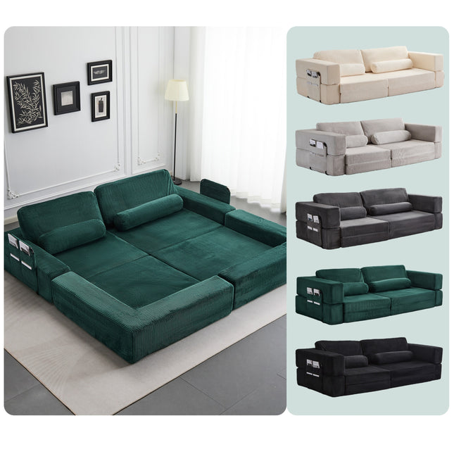 Foldable Castle Sofa Modular PlayCouch for Living Room & Bedroom Instant Expansion Comfortable & Creative Design Furniture Seater with One Middle Seat and One Side Seat,Green.
