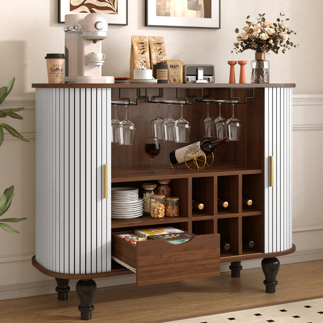 39' Fluted Liquor & Coffee Bar Cabinet with 6 Wine Racks and 3 Glass Holders, Mid-Century Modern Bar Cabinet with A Large Storage Drawer ,4 Hidden Storage Space on the Side , White