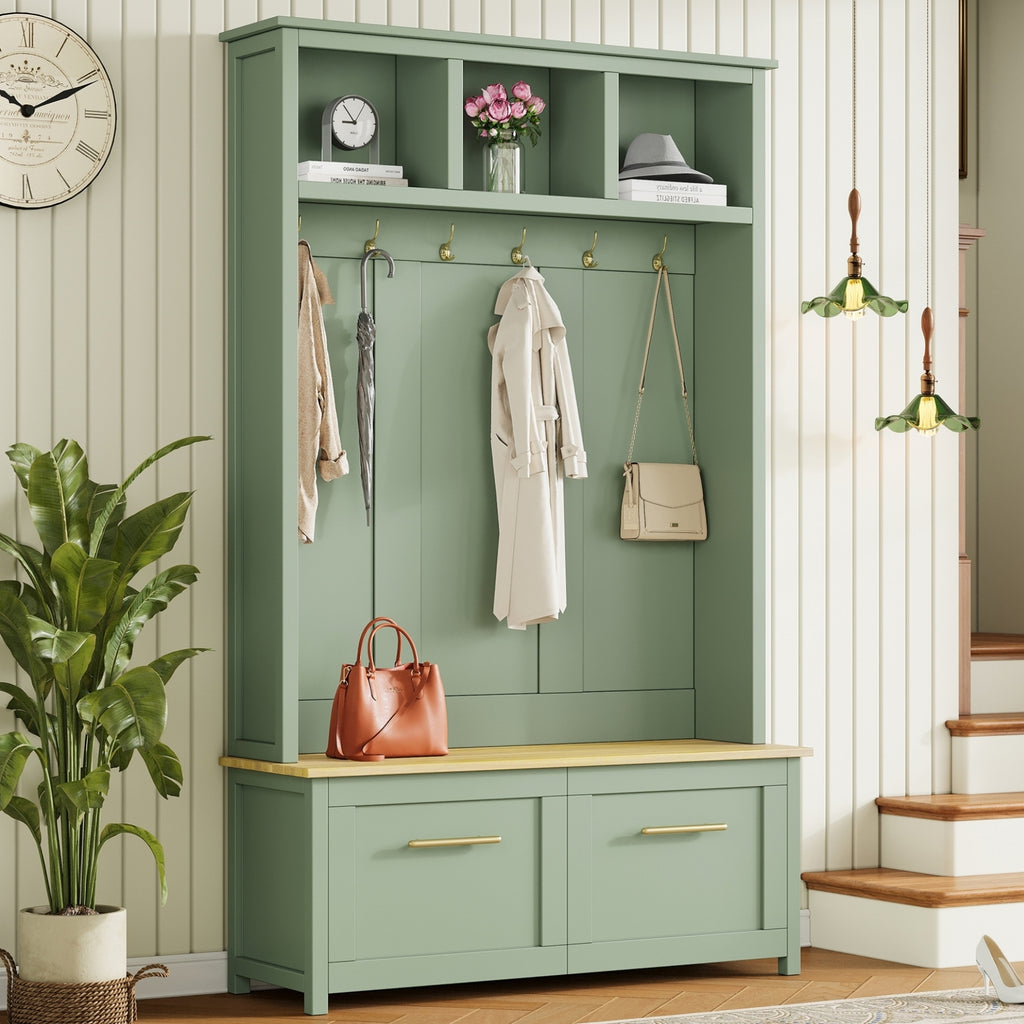Versatile 4-in-1 Hall Tree with 6 Golden Hooks, Wood Grain Bench with Multiple Storage Space, Entryway Coat Rack with 2 Drawers for Living Room, Hallway, Mint Green, 76.6''H (NEW SKU: N721S000056M)