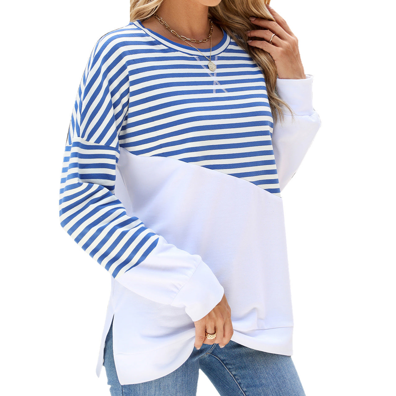 Striped Printed Long Sleeve T Shirt Fashion Casual Round Neck Pullover Split Design Women's Clothing