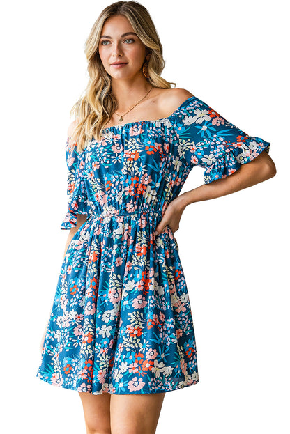 Dark Blue Bohemian Floral Print Off Shoulder Short Dress - Eloy Royal