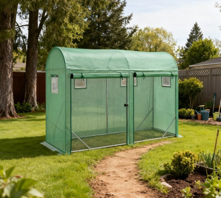 Greenhouse,Walk-in Lean-to Greenhouse,4 Zipper Roll-up Windows & 2 Doors, UV Protecting PE Cover