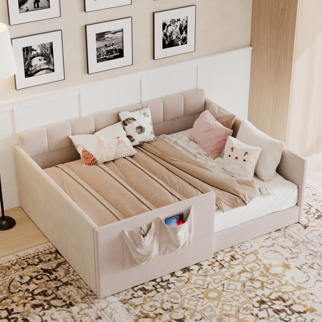 Full Size Daybed Velvet Upholstered Sofa Bed with High Side Panels and Side Entrance, Space-Saving Guest Bed with Storage Pockets, Pink