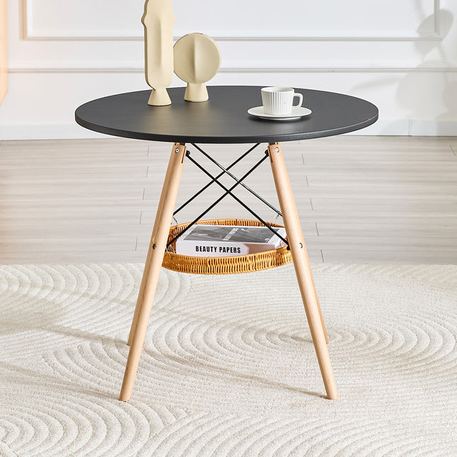 31.5-inch diameter circular dining table, black MDF vacuum formed tabletop, solid wood legs, with suspended woven storage basket structure. A casual coffee table suitable for 2-4 people.