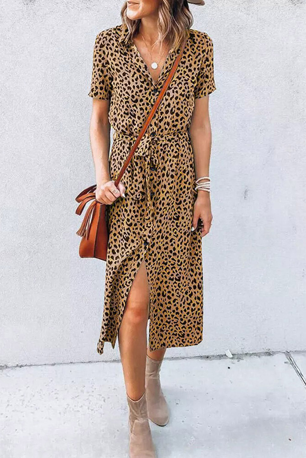 Khaki Leopard Print Waist Belted Button Up Shirt Dress - Eloy Royal