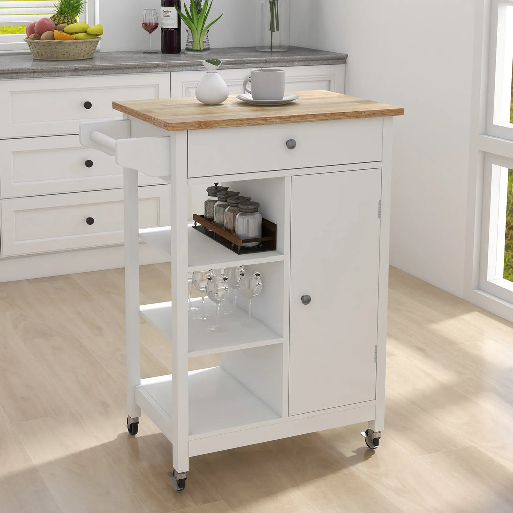 Kitchen island rolling trolley cart with Adjustable Shelves and towel rack rubber wood table top - Eloy Royal