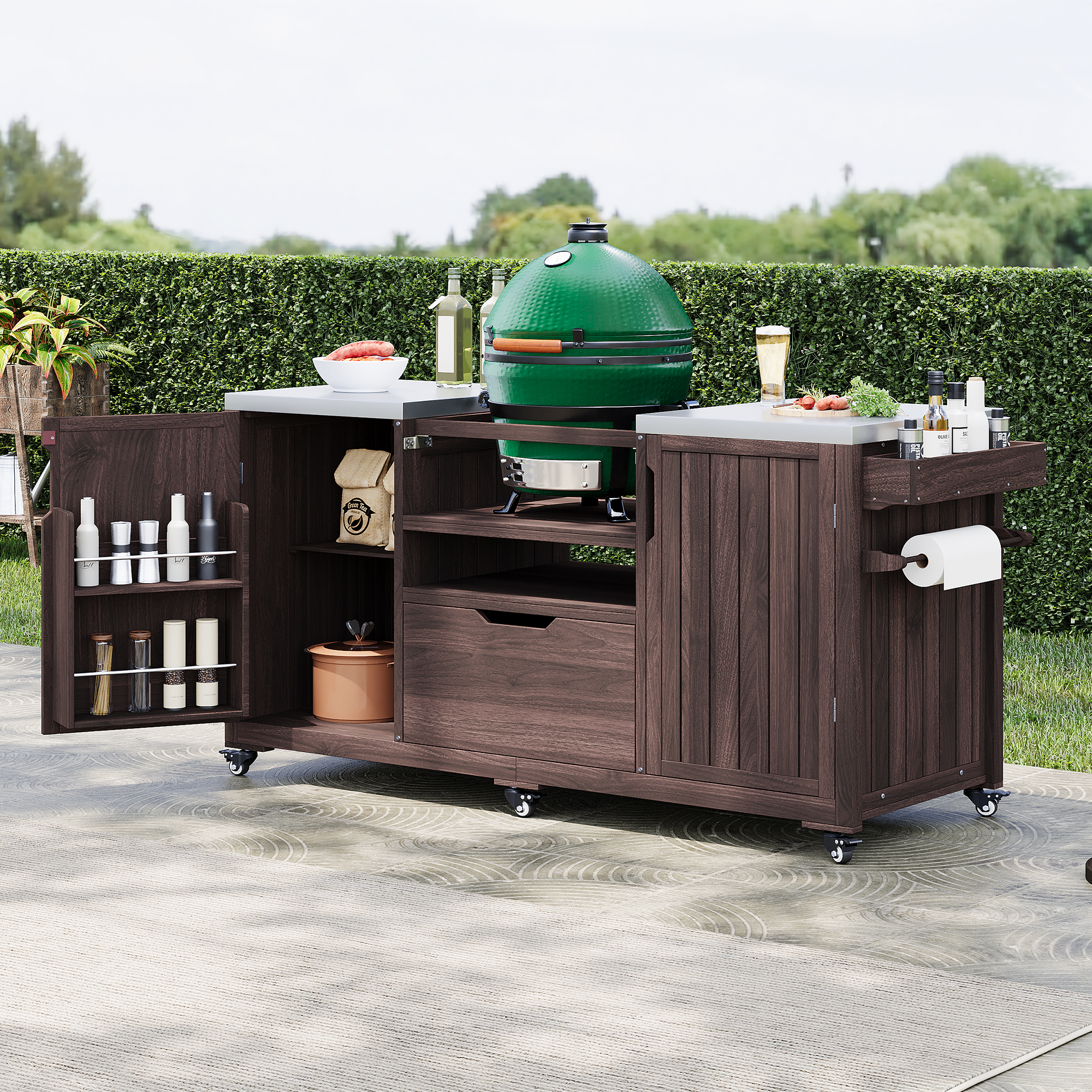 K&K 66.5' Outdoor Kitchen Island for Big Green Egg Grills, Solid Wood Outdoor Grill Cart for Tabletop Grill with Stainless Steel Top, Drawer, Compatible with Large Big Green Egg, Kamado Joe-Dark Brown