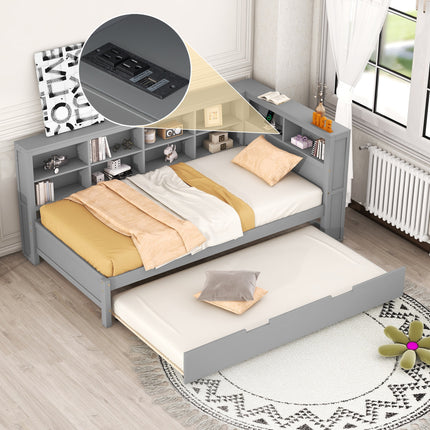 Wooden Twin Size DayBed with Twin Size Trundle, DayBed with Storage Shelf and USB Charging Ports,Grey(Old SKU: HL000074AAG)