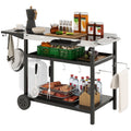 Outsunny Outdoor Bar Cart Grill Table with Wheels, Stainless Steel Tabletop Outdoor Pizza Oven Stand Prep Table with Three-Shelf Storage and Hooks