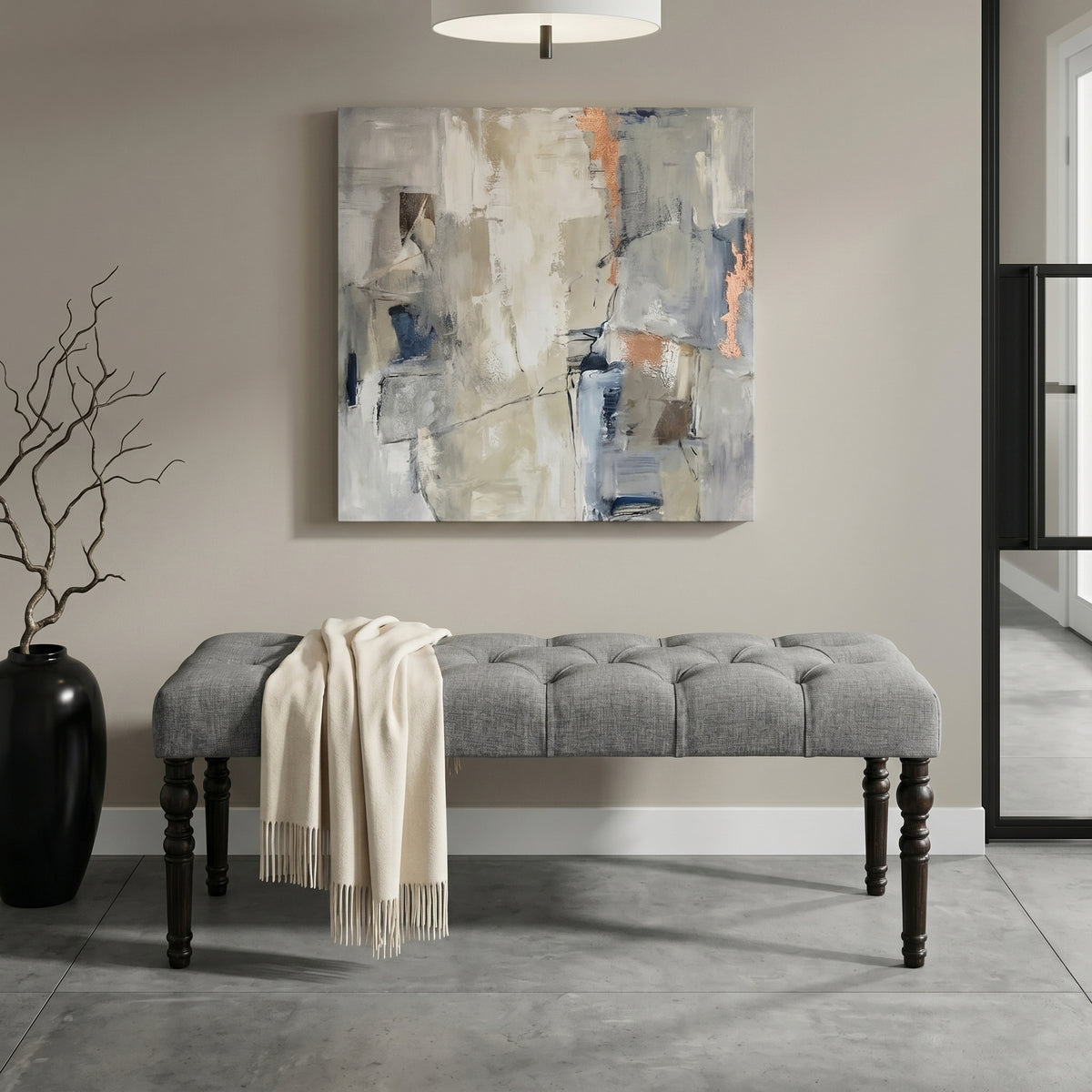 Leviton Fabric Tufted Turned Leg  Dining Bench, Gray