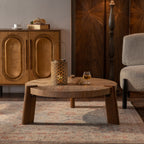 36.61' Round Herringbone Coffee Table - Solid Wood & MDF Rustic Coffee Table with Tapered Legs, Natural Distressed Wood Finish for Living Room