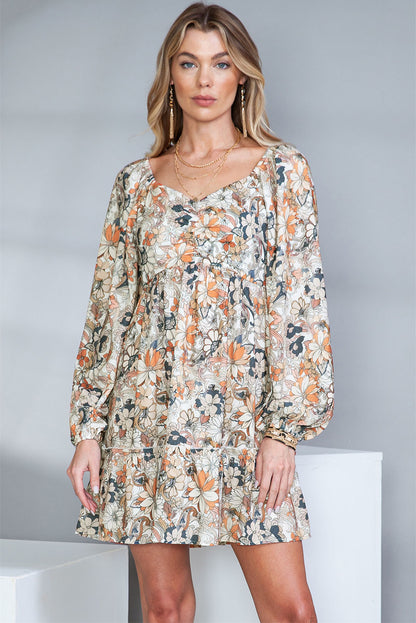 Floral Print Boho Ruched Sweetheart Neck Frilled Dress - Eloy Royal