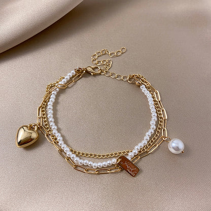 Alloy Beads Retro Simple Double Layers Loving Heart Pearl Bracelet