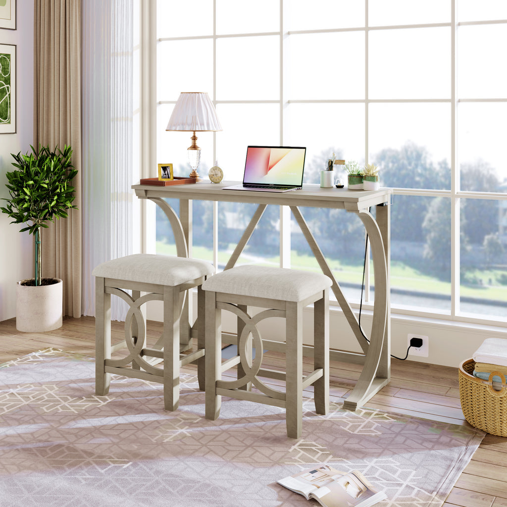 TOPMAX Farmhouse 3-Piece Counter Height Dining Table Set with USB Port and Upholstered Stools,Milky White