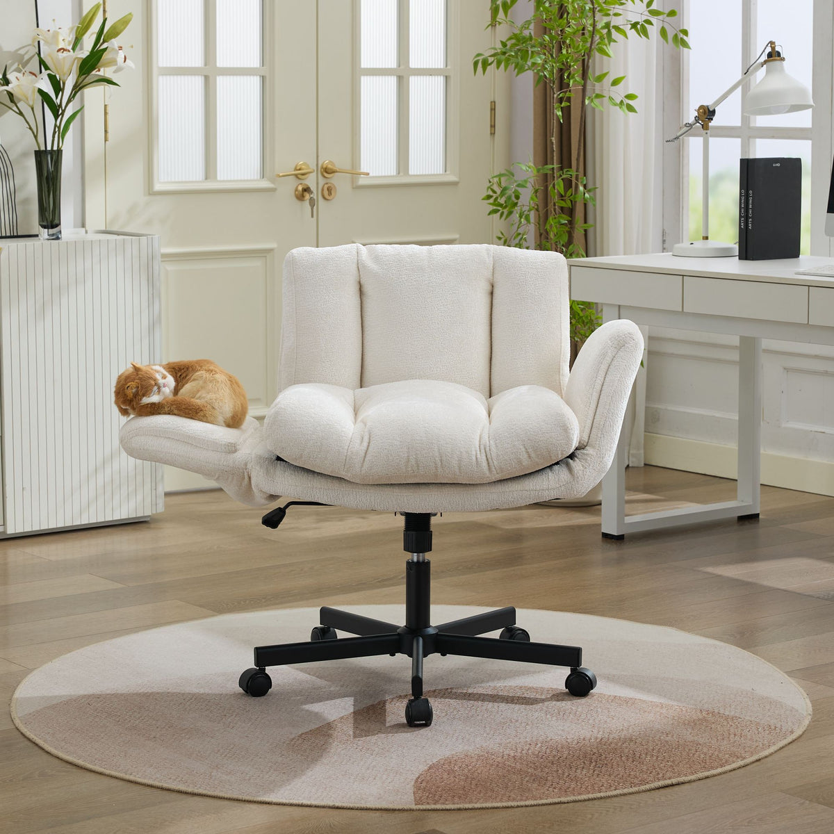 Modern Chenille Swivel Office Chair, Height Adjustable Task Chair with Convertible Multi-Position Armrests,Comfy Double Cushioned Desk Chair for Home,Study,Vanity & Living Room, Cream / Beige,SW5028BG
