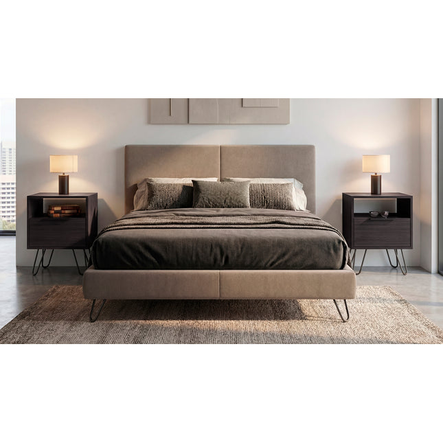 Texas Set of 2 Modern Nightstands with Storage, Minimalist Bedside Tables with Metal Legs, Wenge
