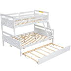 White Twin over Full Bunk Bed with Ladder, Twin Trundle, Safety Guardrail, Pine Wood and MDF, 79.3''L x 57.1''W x 61.3''H