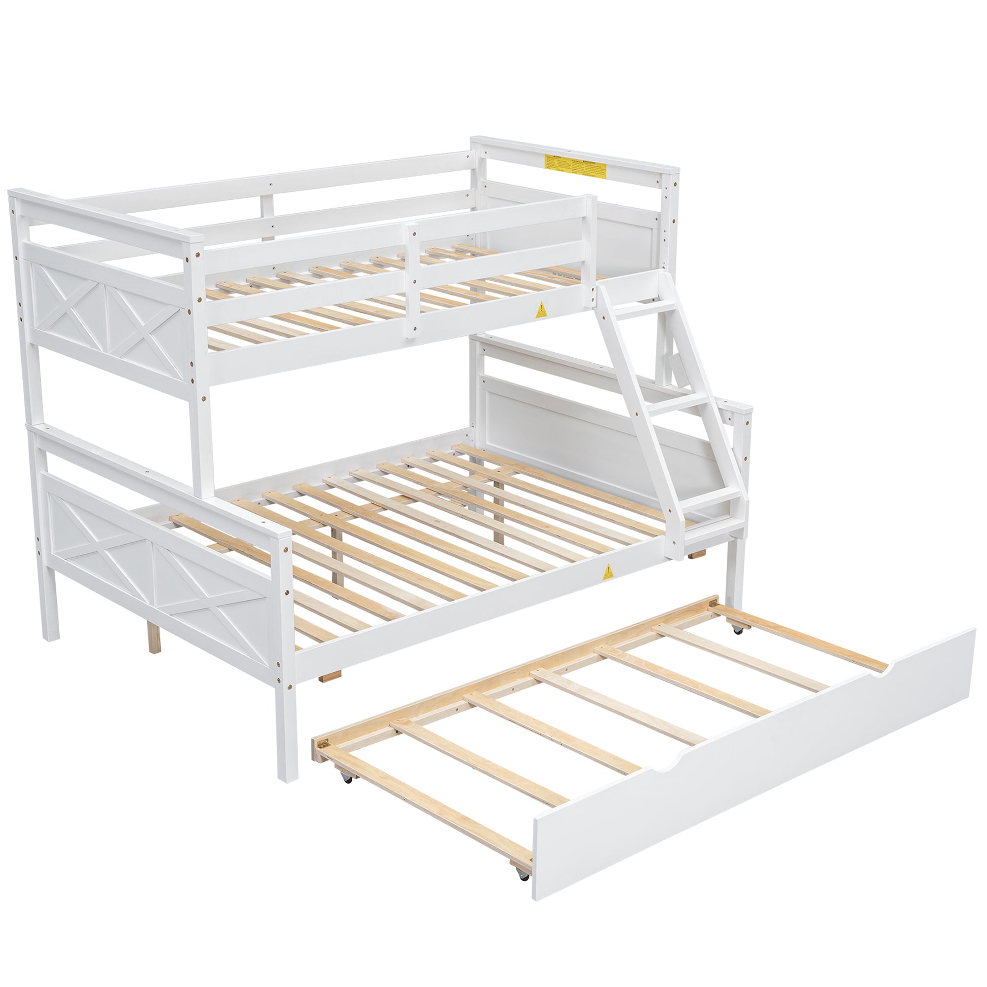 White Twin over Full Bunk Bed with Ladder, Twin Trundle, Safety Guardrail, Pine Wood and MDF, 79.3''L x 57.1''W x 61.3''H