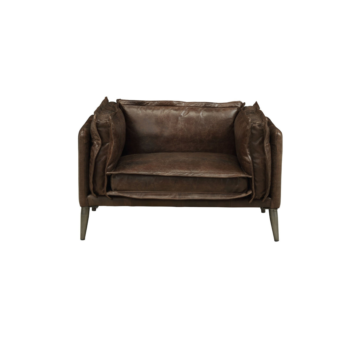 Porchester Distress Chocolate Top Grain Leather Chair with Metal Tapered Legs, Wood Frame, Down Feather & Foam Cushion, 23' Seat Depth, 19' Seat Height