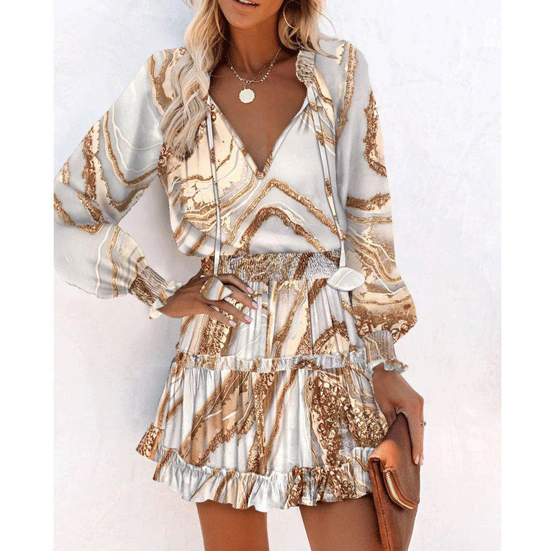 Flowers Print Long Sleeve Dress Fashion Patchwork Puff Sleeve Waist Dresses Womens Clothing