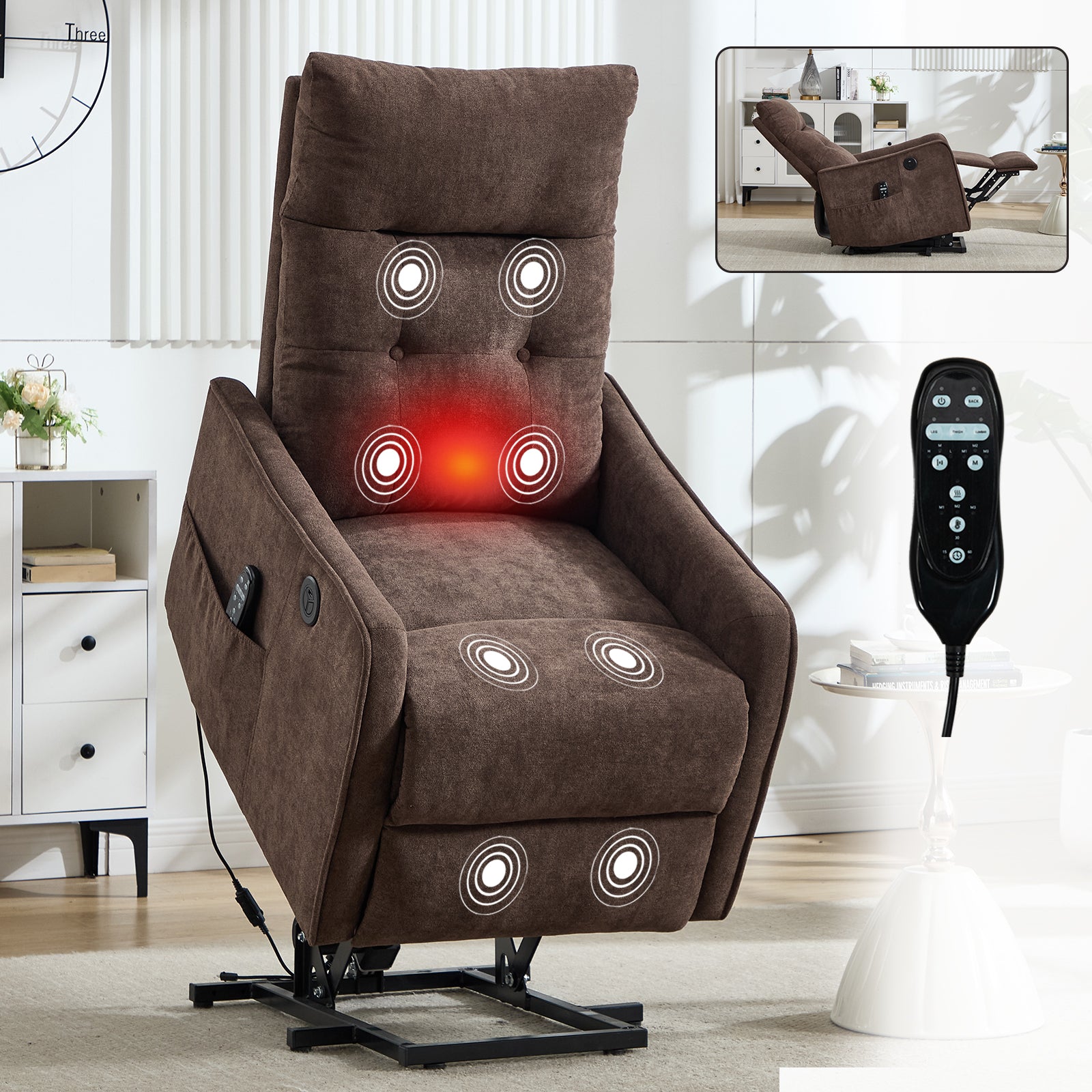 Brown Chenille Single Motor Power Lift Recliner Chair with Massage and Heat for Elderly, Heavy Duty Motion Mechanism and One USB for Charging, Max Reclining Angle 155°