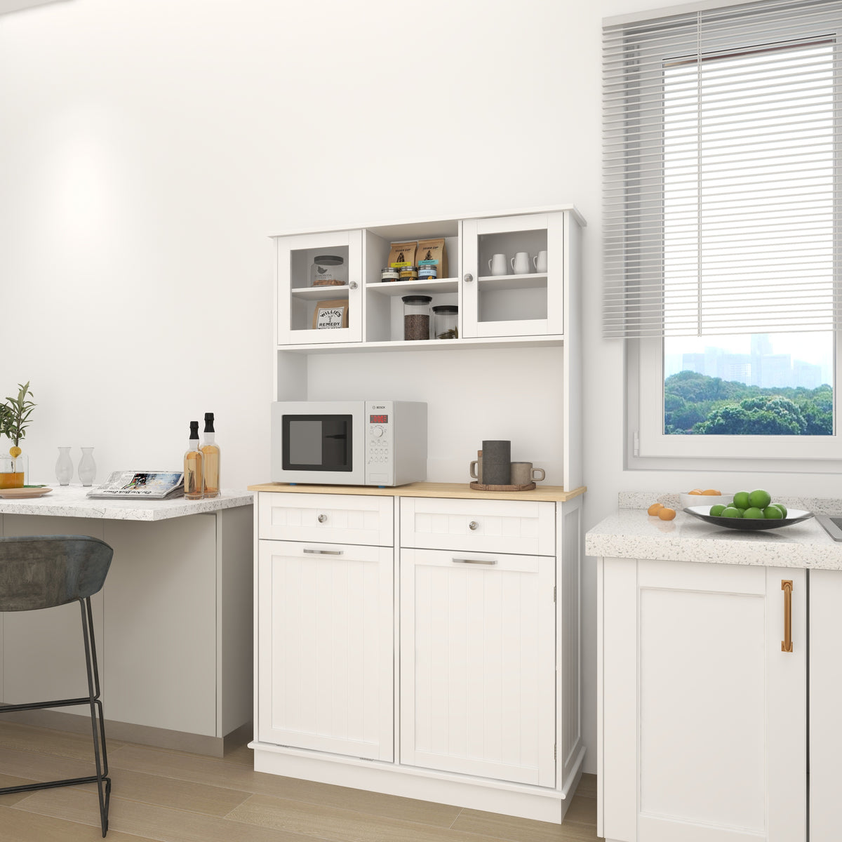 67.7' Tall Kitchen Trash Can Storage Cabinet with 3 Adjustable Shelves, 2 Drawers and 1 Tilt Out Trash Cabinet for Kitchen, Dinning Room, Living Room-White