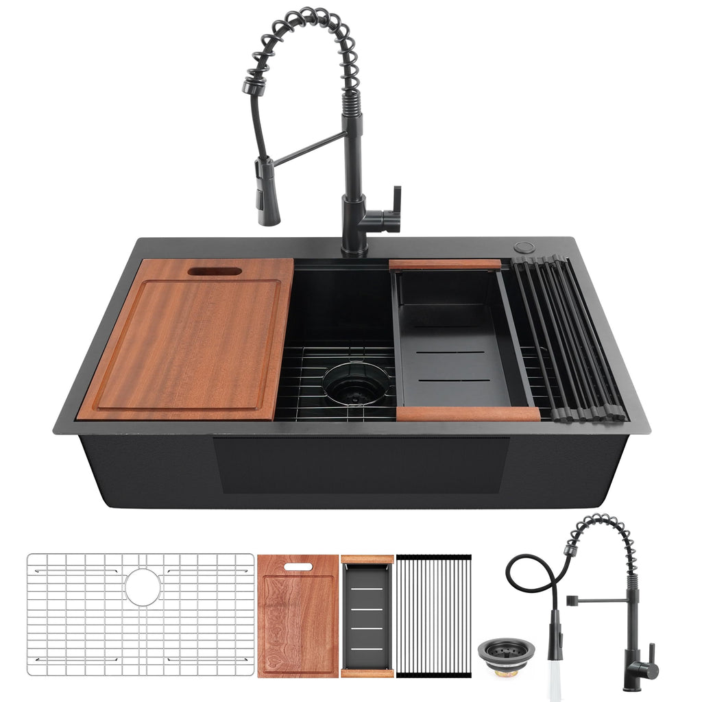 33 Inch Gunmetal Black Drop in Kitchen Sink with Pull Out Faucet Combo, Black Drop-in Topmount Kitchen Sink, Single Bowl Modern Stainless Steel Workstation Sink with Various Accessories