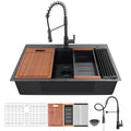 33 Inch Gunmetal Black Drop in Kitchen Sink with Pull Out Faucet Combo, Black Drop-in Topmount Kitchen Sink, Single Bowl Modern Stainless Steel Workstation Sink with Various Accessories