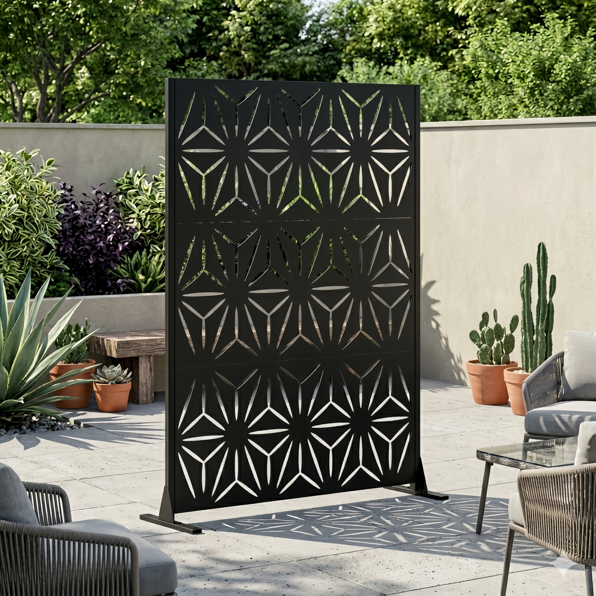 Metal Privacy Screen for Outdoor Freestanding, 72' H x 46' W Decorative Metal Fence Panels with Stable Base, Portable Divider Screens for Patio, Deck, Balcony, Backyard, Garden