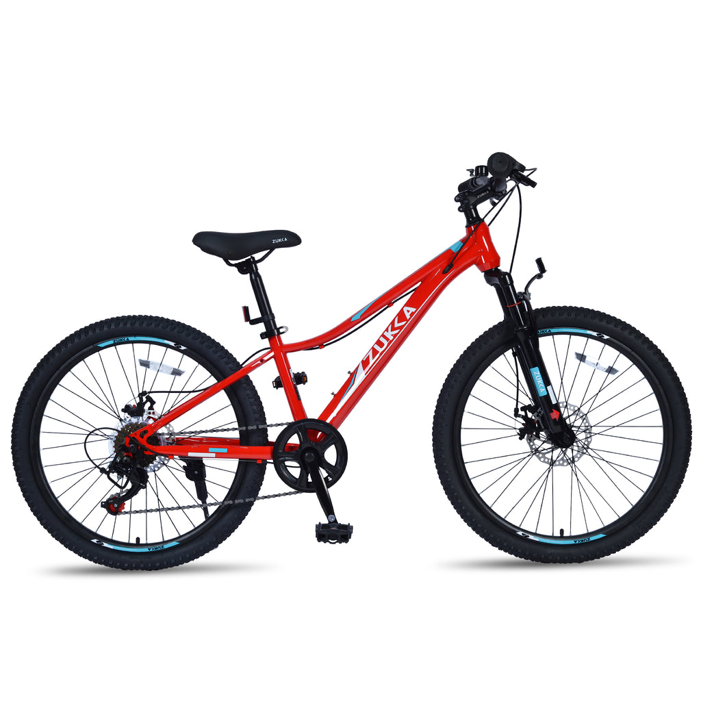 Red 24 Inch 6-Speed Mountain Bike for Kids Boys and Girls, Steel Frame, 4'8'-5'2' Height Range, 2.125' Tires