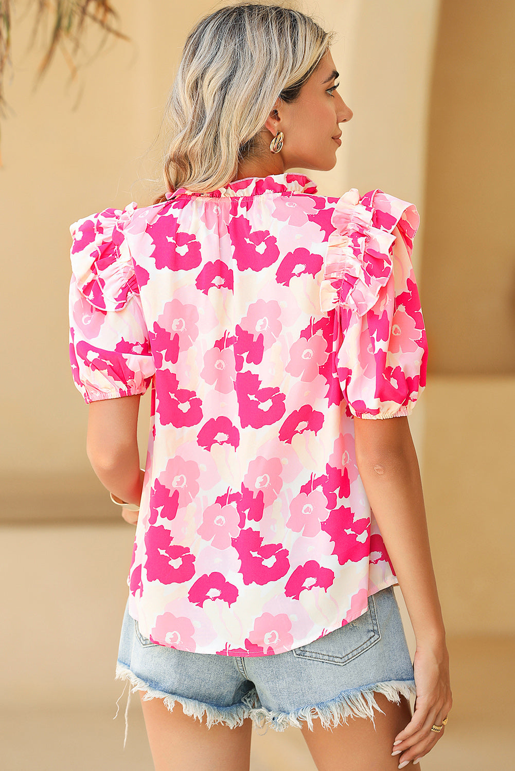 Pink Split Neck Ruffled Puff Sleeves Floral Top - Eloy Royal