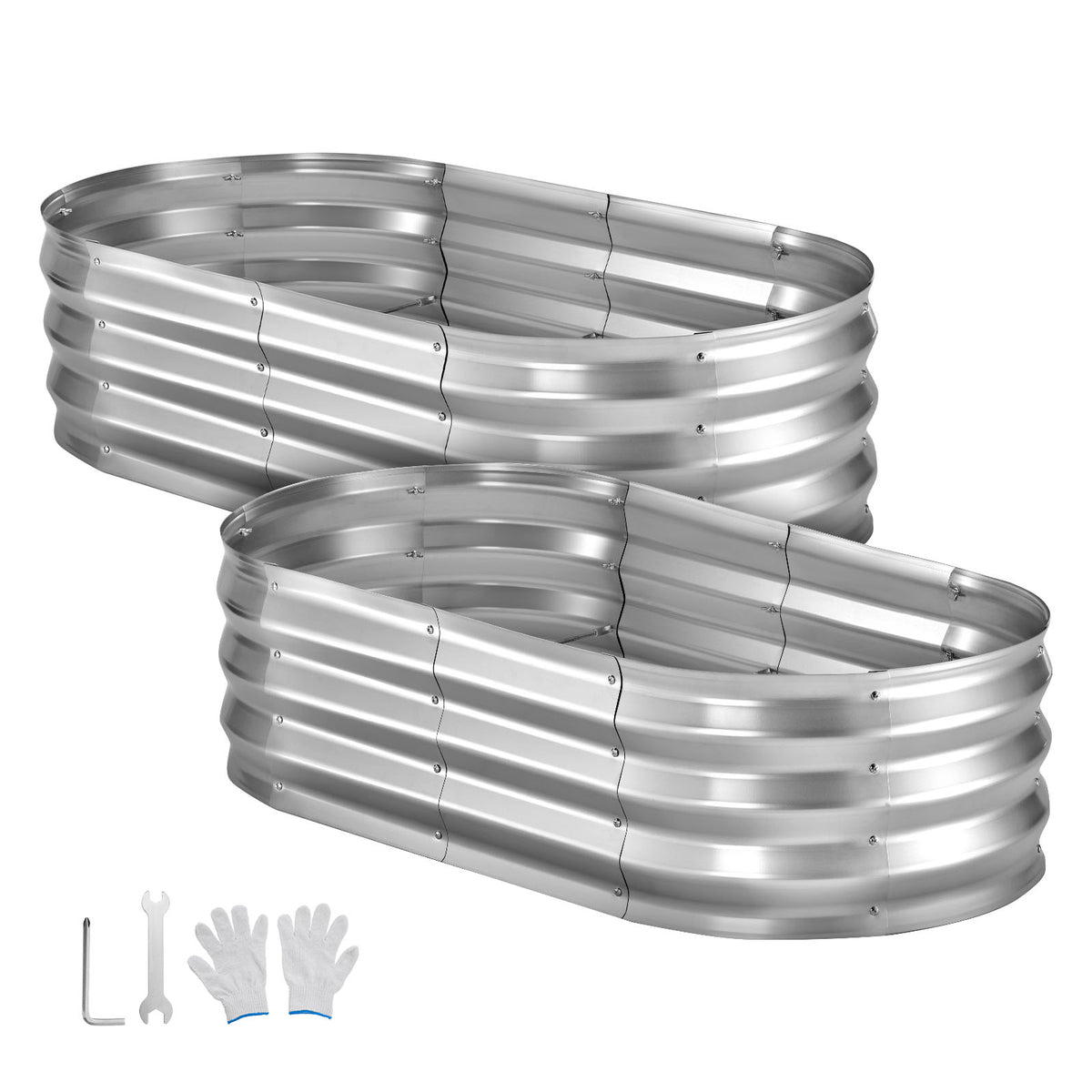 2 Pack Galvanized Raised Garden Beds, 4 x 2 x 1 ft, Oval Metal Planter Boxes Kit Outdoor, Bottomless Elevated Garden Box with Gloves, Alu-Zinc, for Planting Flowers Fruits Vegetables, Silver