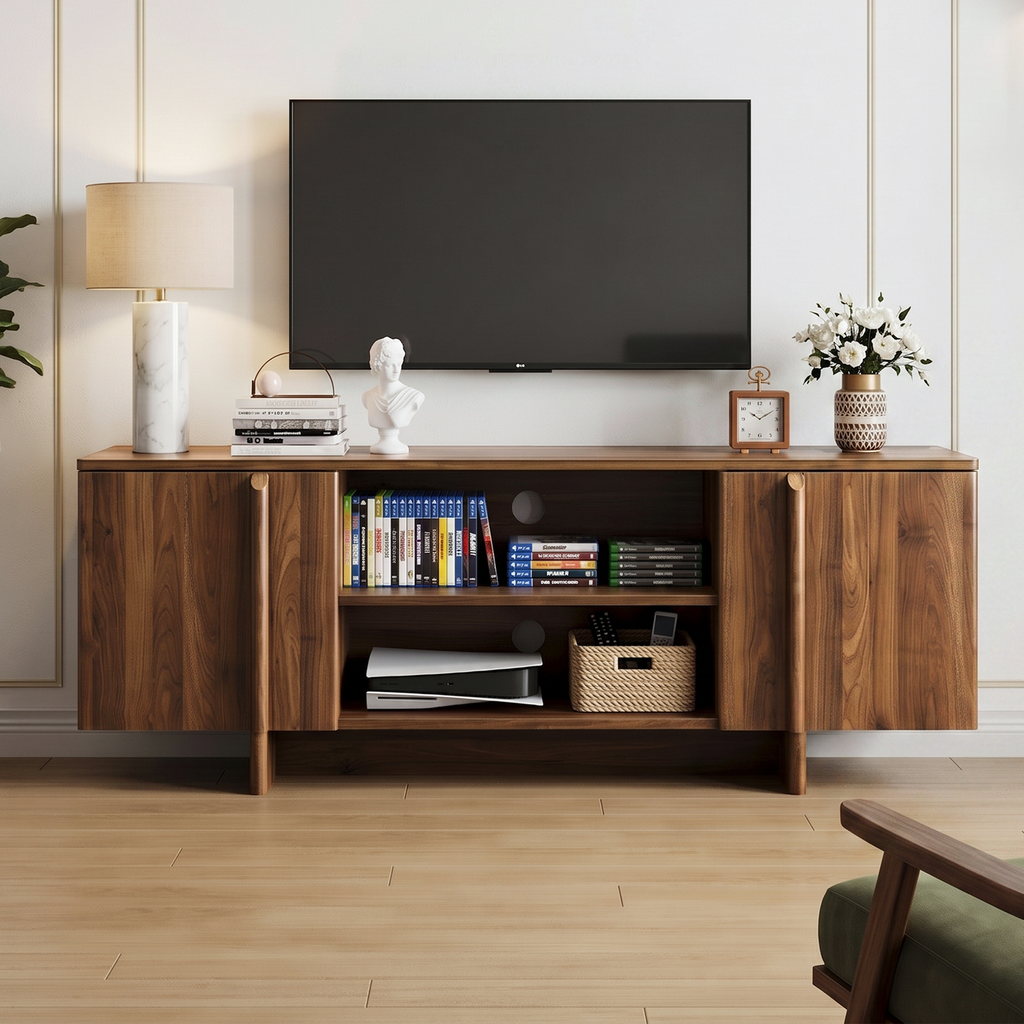 55-Inch Mid-Century Modern Farmhouse TV Stand & Living Room Storage Cabinet – Entertainment Center with Cable Management, Double Doors, and Open Shelving (Fits TVs up to 48 Inches) – Walnut Finish