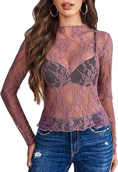 Women's Lace Blouse Long Sleeve Transparent Shirt