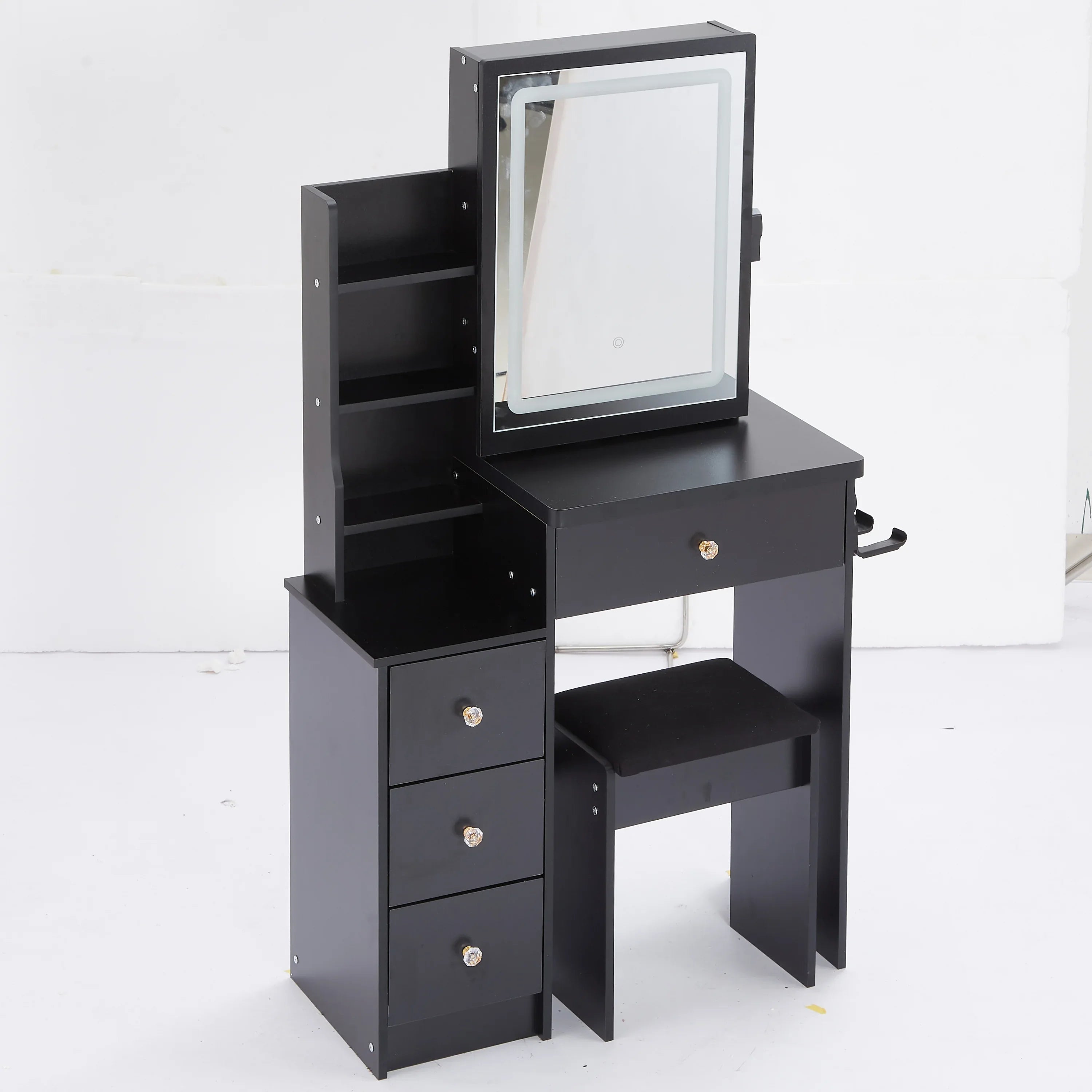 29.2' Small Size Left Bedside Cabinet Vanity Table + Cushioned Stool, 2 AC+2 USB Power Station, Hair dryer bracket, Extra Large Touch Control Sliding LED Mirror, Tri-color Switching, Brightness Adjust - Eloy Royal