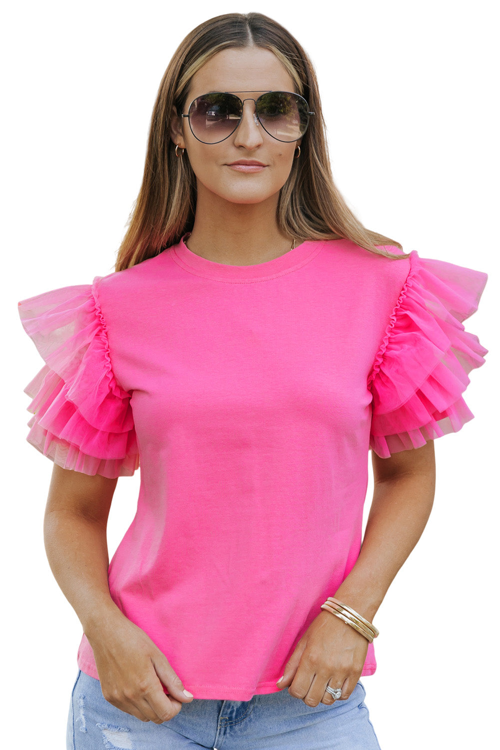 Pink Plain Round Neck Tulle Ruffle Sleeve Blouse - Eloy Royal