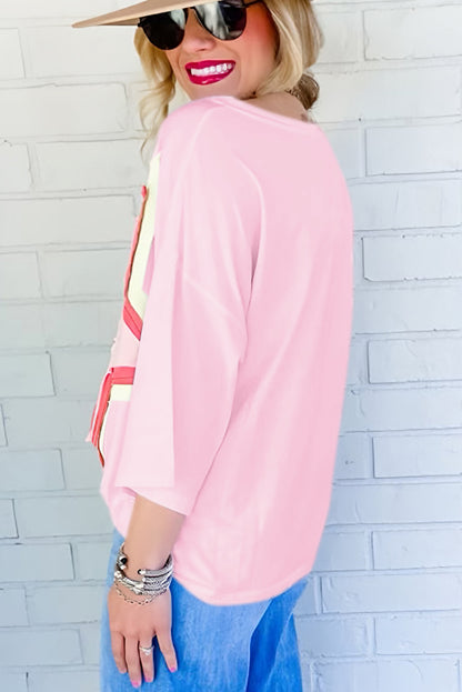 Light Pink Colorblock Star Patched Half Sleeve Oversized Tee - Eloy Royal