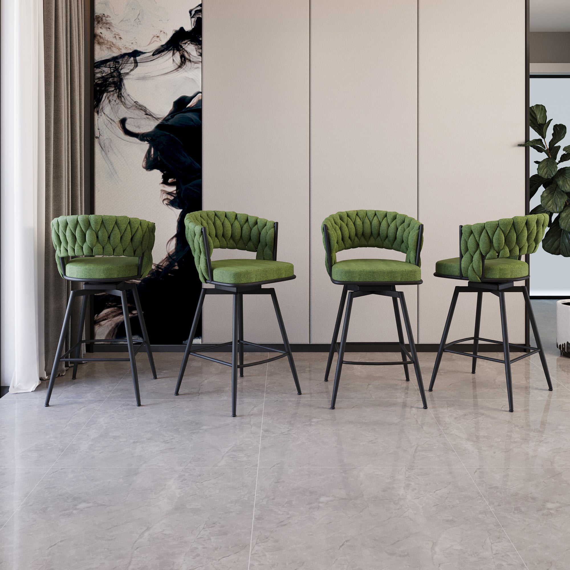 26' Bar Chair Suede Woven Bar Stool Set of 4,Black legs Barstools No Adjustable Kitchen Island Chairs,360 Swivel Bar Stools Upholstered Bar Chair Counter Stool Arm Chairs with Back Footrest (Green)