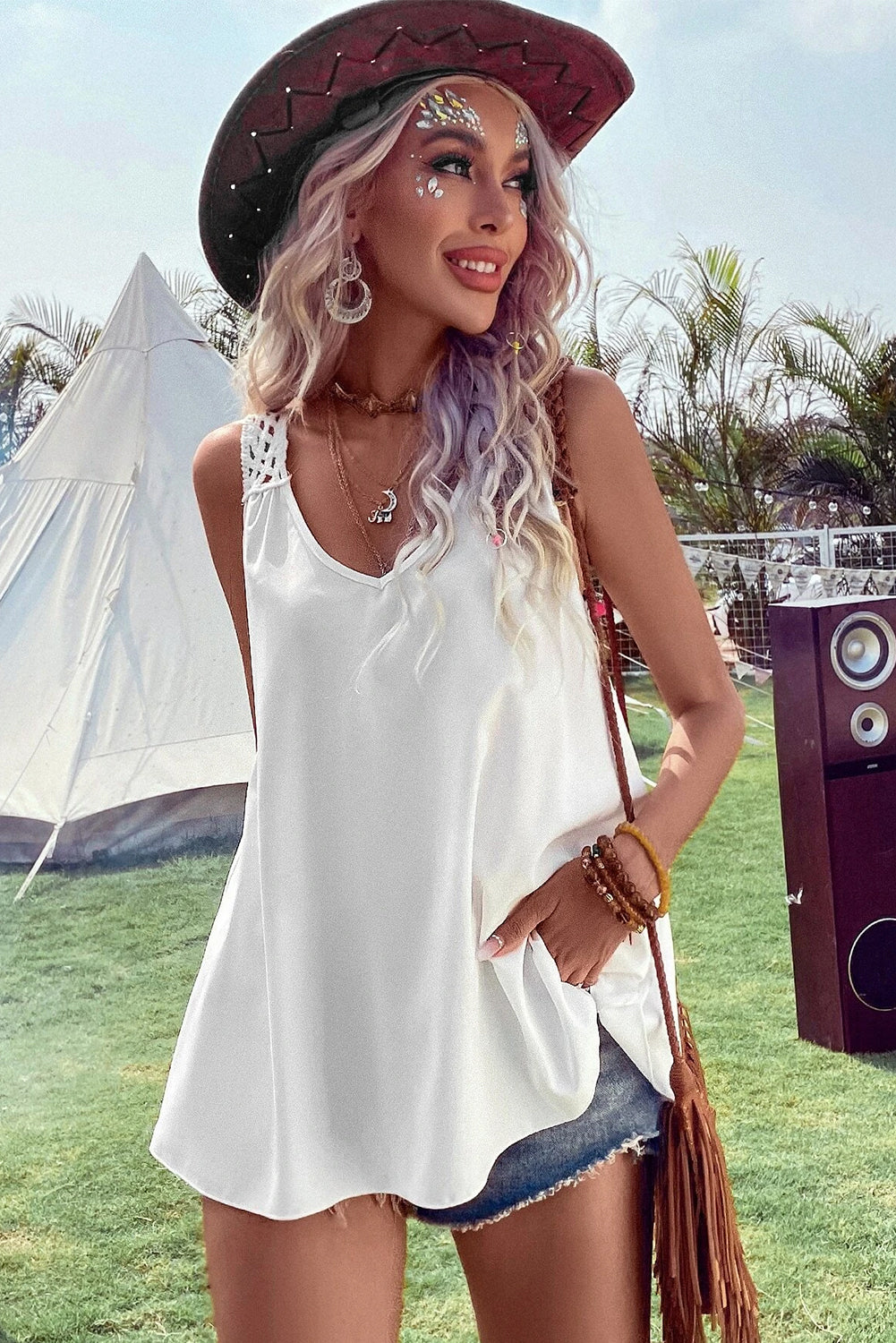 White Bohemian Crochet Sleeveless Tunic Top - Eloy Royal