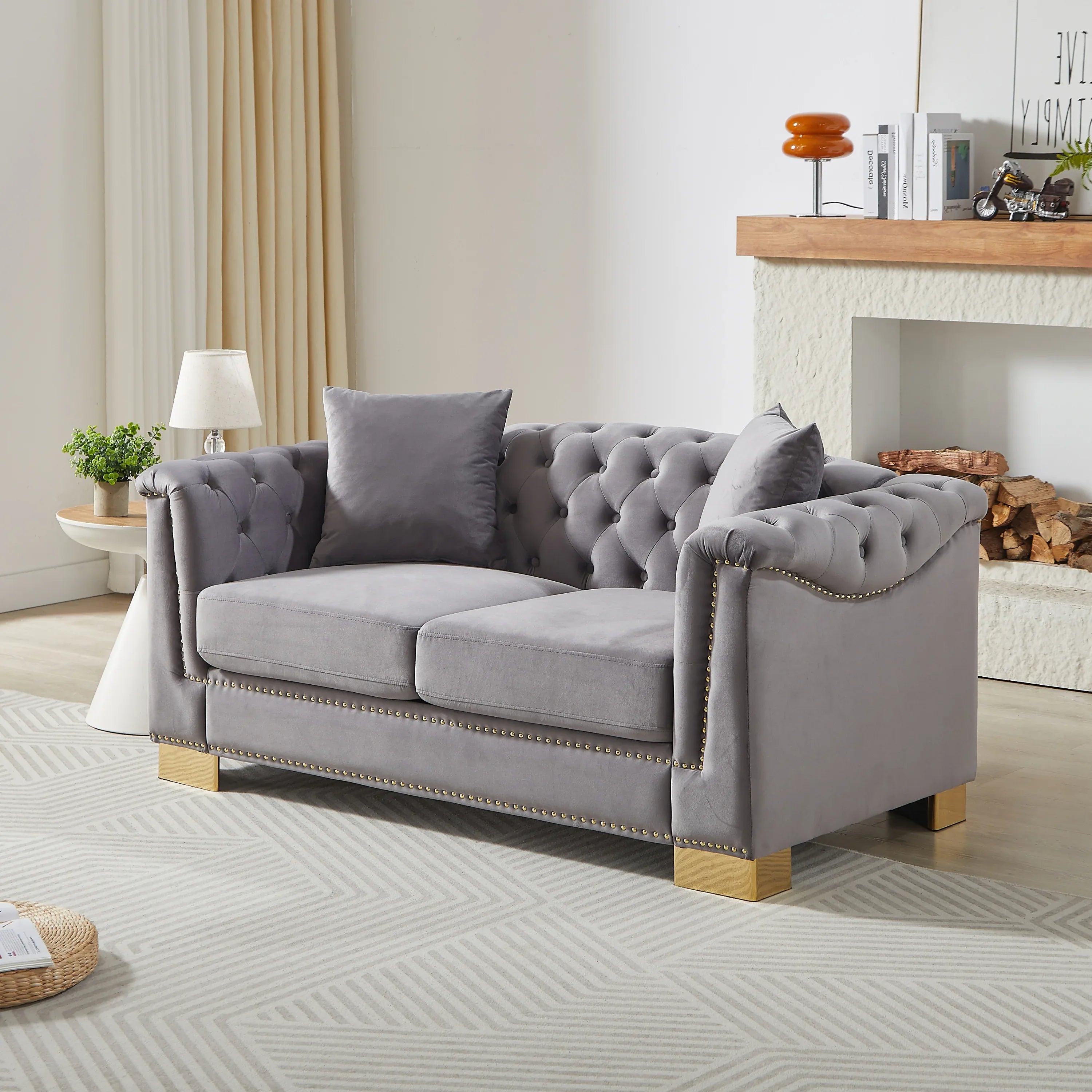 {Video] Classic Modern Style Sofa, 62-inch Chesterfield Classic Rolled Arm Tucked-in Nailhead Decor Cloud Two-Seater Velvet Sofa, Luxury Double Sofa Suitable for Living Room, Bedroom, Apartment, Grey - Eloy Royal