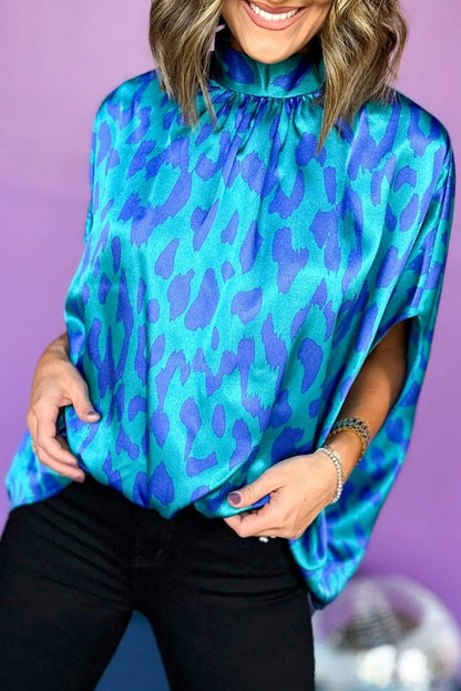 Blue Leopard Print Loose Batwing Sleeve Mock Neck Blouse - Eloy Royal