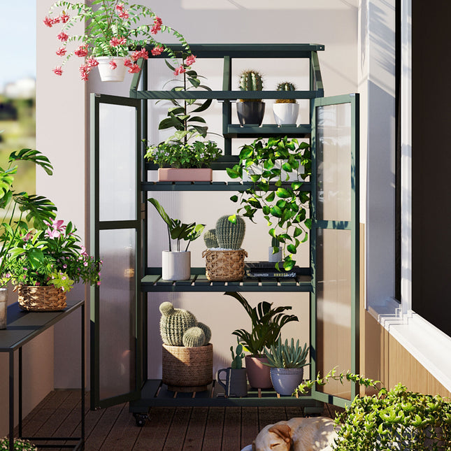 TOPMAX Height Wood Large Greenhouse Balcony Portable Cold Frame with Wheels and