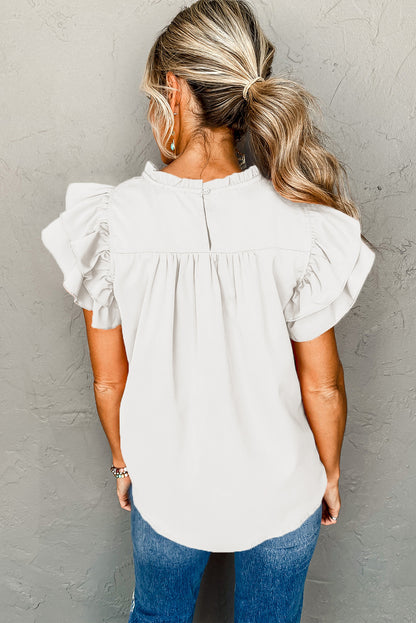 Grapefruit Orange Ruched Frilled Neck Ruffle Blouse - Eloy Royal