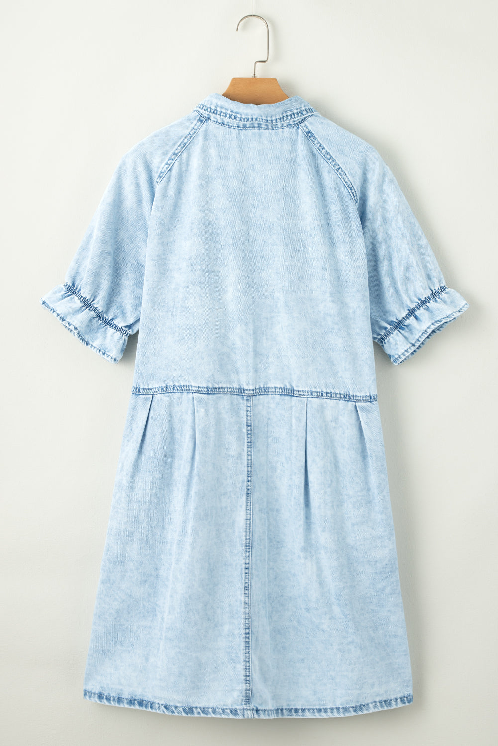 Blue Mineral Washed Ruffled Short Sleeve Pocketed Denim Dress - Eloy Royal