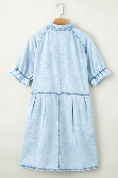 Blue Mineral Washed Ruffled Short Sleeve Pocketed Denim Dress - Eloy Royal