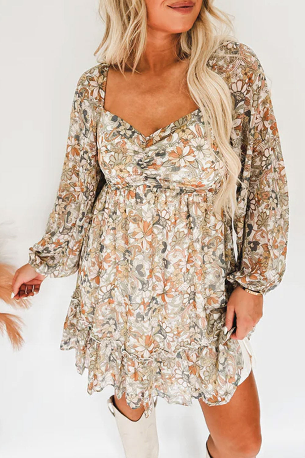 Floral Print Boho Ruched Sweetheart Neck Frilled Dress - Eloy Royal