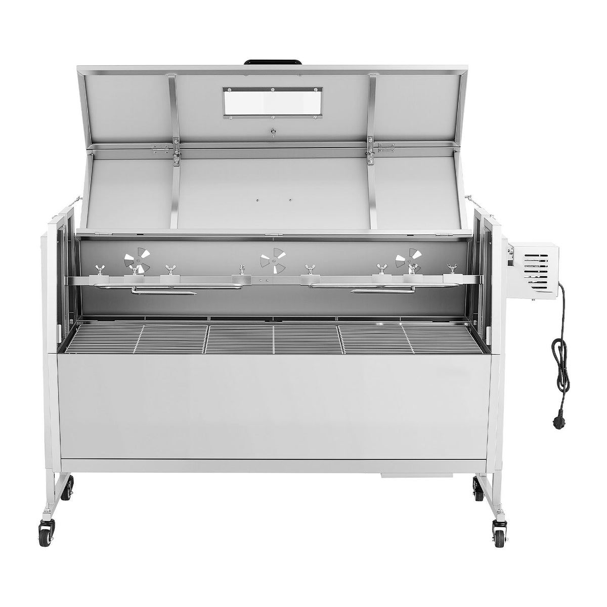 Rotisserie Grill, 38W BBQ Outdoor Pig & Lamb Spit Roaster, Charcoal Spit Roaster with 132 LBS Capacity, Wheels & 4-Level Height, Stainless Steel Rotisserie Grill Kit for Camping Outdoor Parties