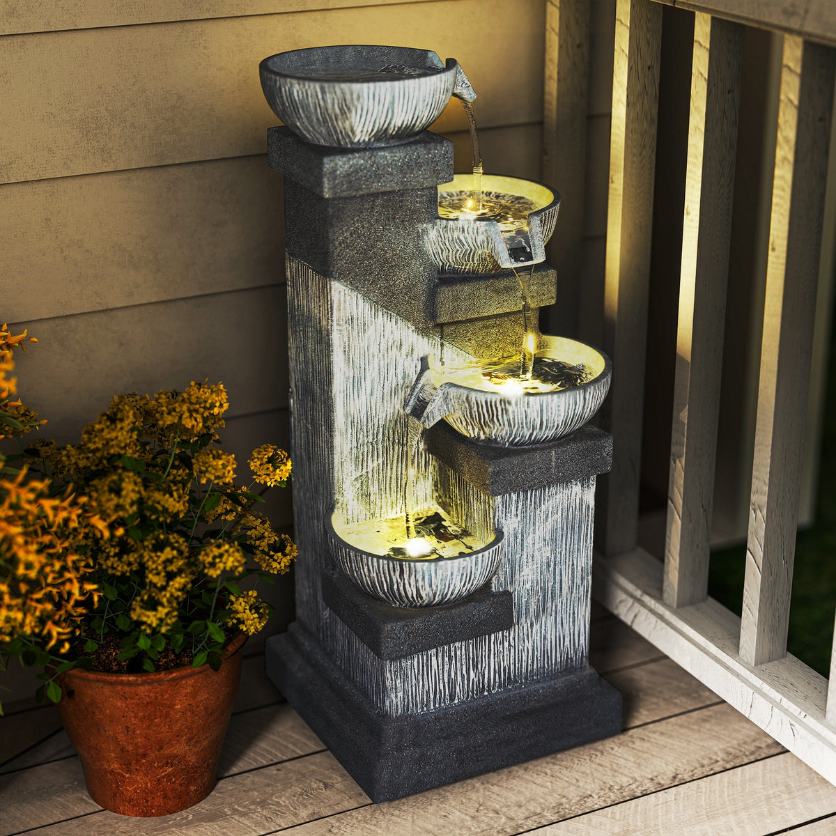 Outsunny 33.5' Outdoor Water Fountain, 4-Tier Floor Standing Resin Cascading Bowls Waterfall Fountain with LED Lights, Pump